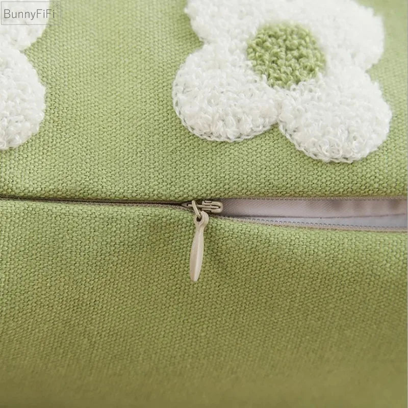 Afralia™ Floral Embroidery Pillow Cover Green Flowers Home Decor Sofa Cushion Bedding