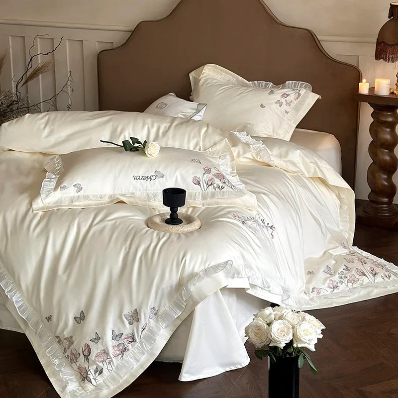 Afralia™ Pink Butterfly Flowers Embroidered Lace Bedding Set - 1000TC Egyptian Cotton