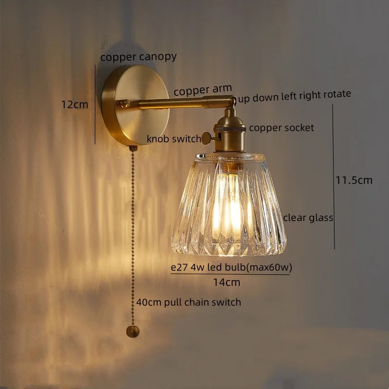 Afralia™ Copper Glass Knob Switch LED Wall Light, Nordic Modern Bedside Lamp