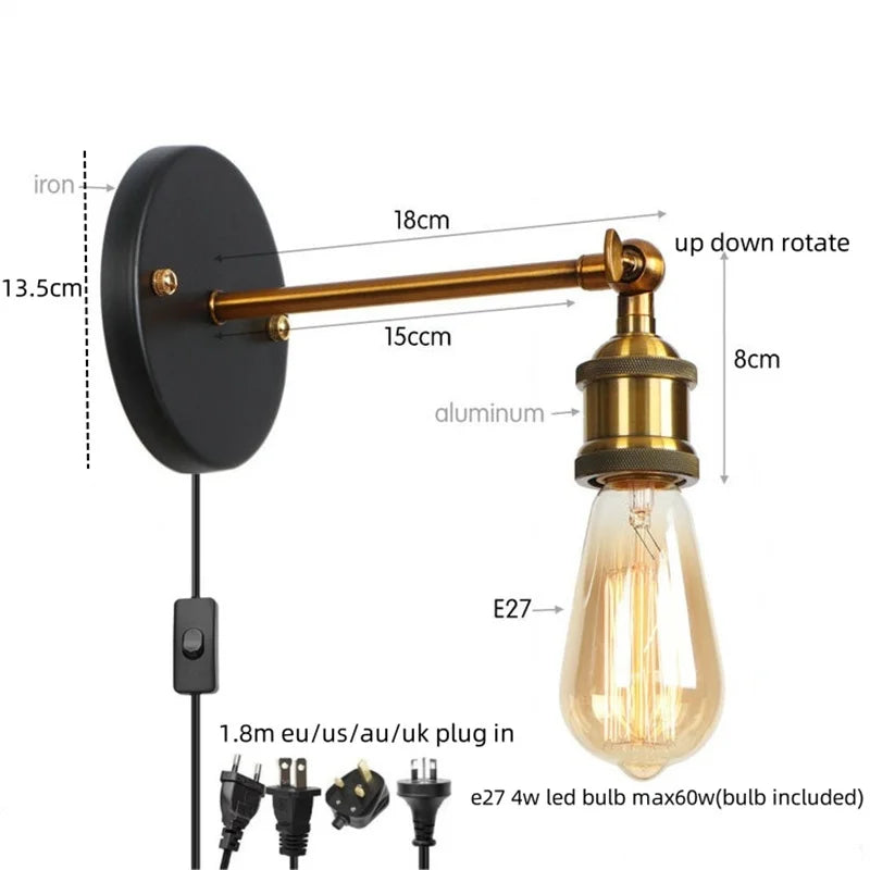 Afralia™ Retro Iron LED Wall Lamp Sconce, Gold Vintage Indoor Luminaire for Bedroom, Cafe