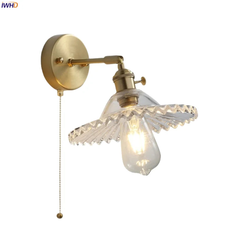 Afralia™ Clear Brass Glass LED Wall Lamp Pull Chain for Living Room Bedroom Loft