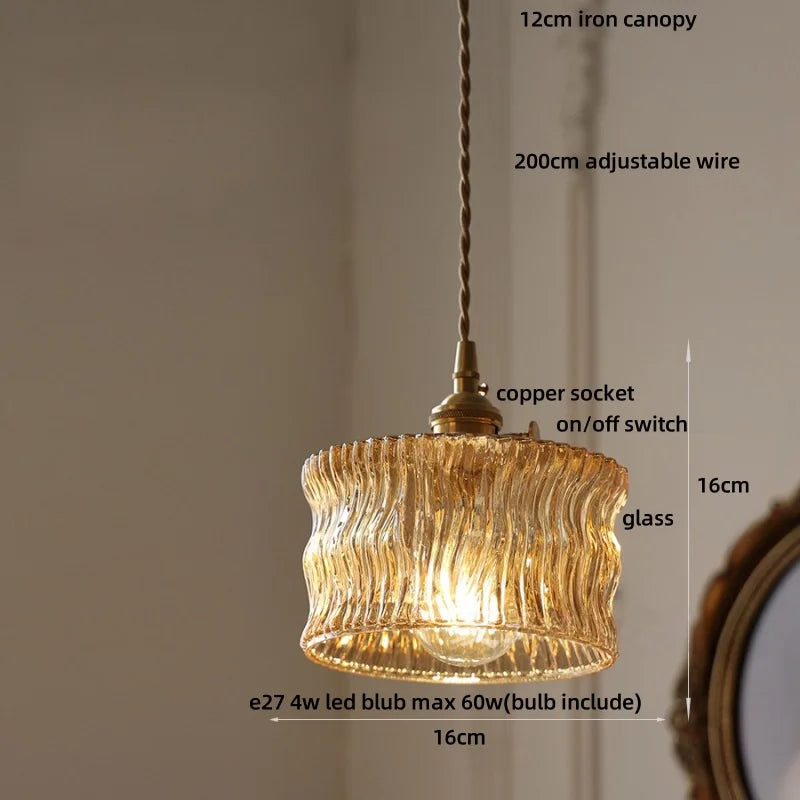 Afralia™ Vintage Green Glass Flower Knob Switch LED Pendant Lights, Copper Hanging Lamp