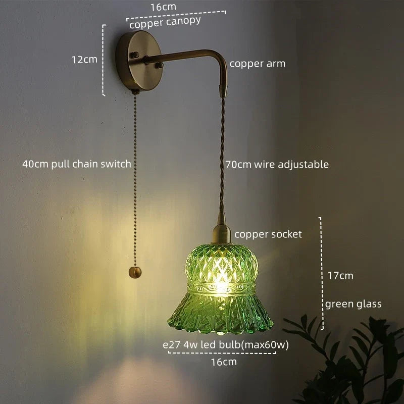 Afralia™ Vintage Copper Glass LED Wall Light with Pull Chain Switch for Dining Room Bedroom