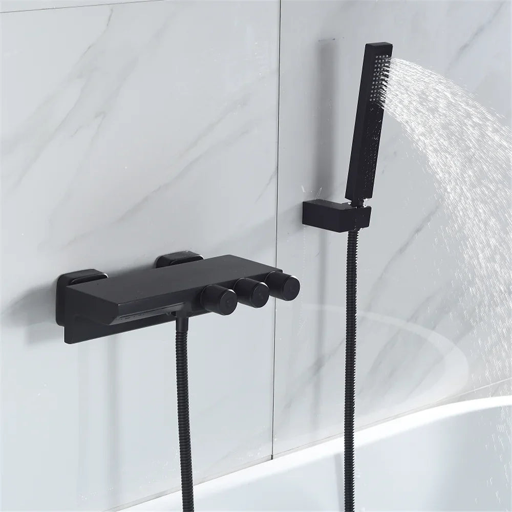 Afralia™ Gold/Black Tub Shower Set Wall Mount Waterfall Mixer Tap Brass Rotatable