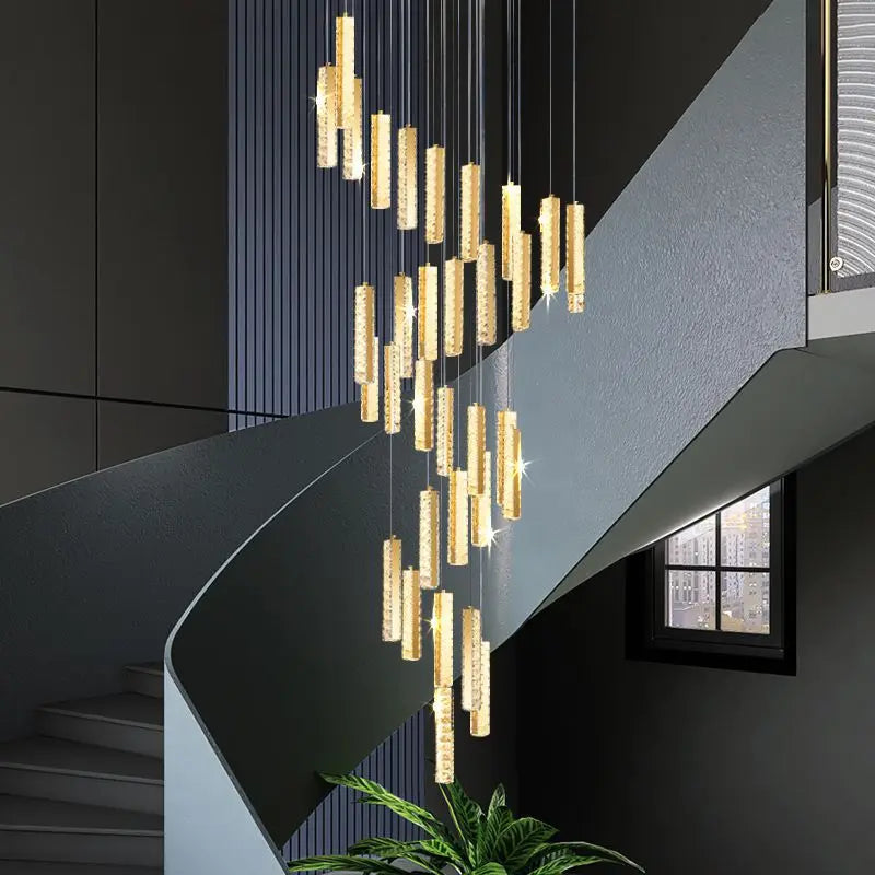 Afralia™ Luxury Crystal LED Chandelier for Modern Living Room and Spiral Staircase