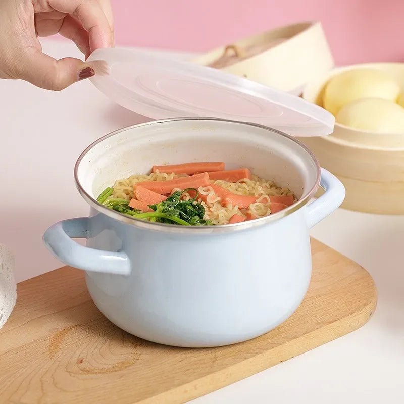 Afralia™ Enamel Stock Pot with Lid, 1.5L Multi-Purpose Cooking Pot for Kitchen Soups and Porridge