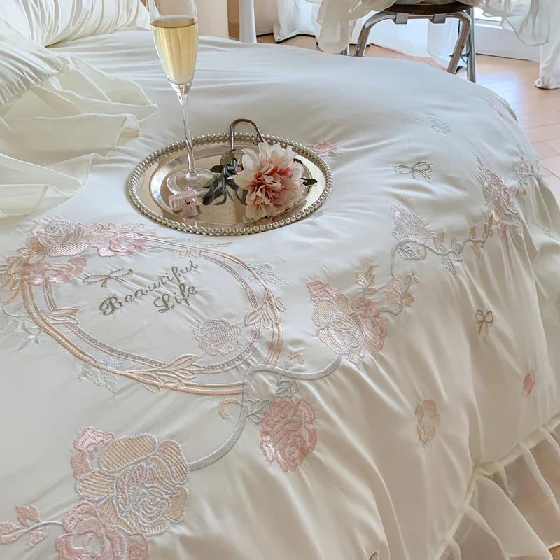 Afralia™ 4Pcs Flowers Embroidery Princess Queen Bedding Set with Lace Ruffles