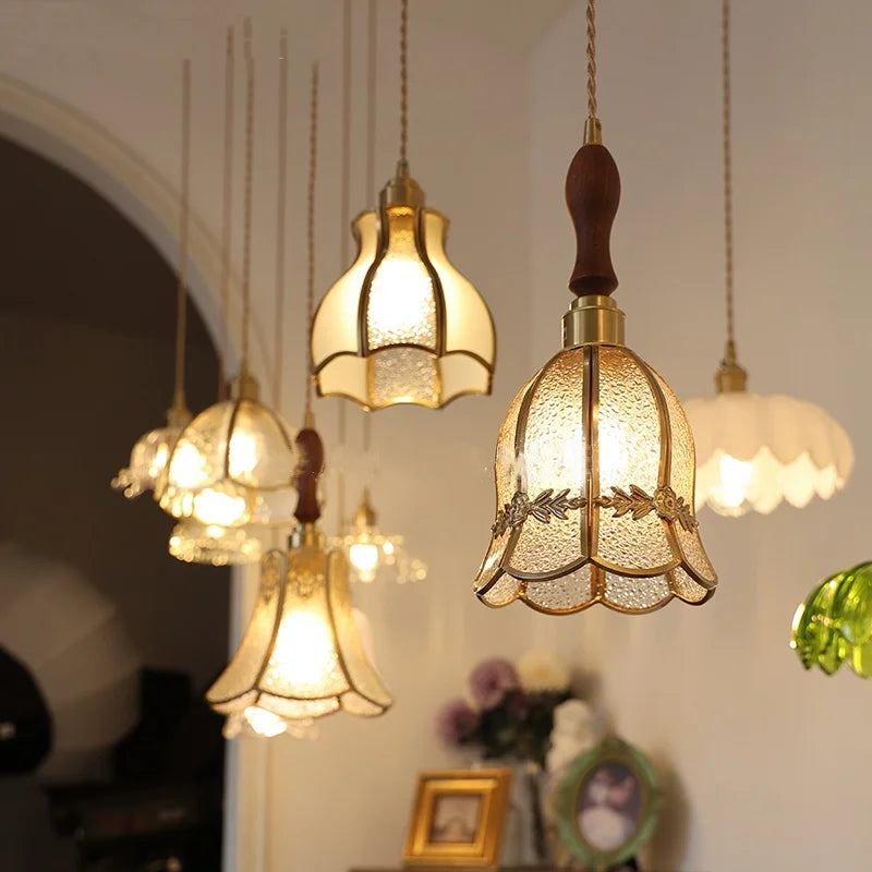 Afralia™ Walnut Wood & Copper Glass Pendant Light Fixture, LED Dining Room Luminaire