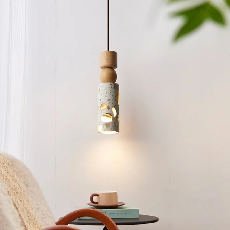 Afralia™ Terrazzo Wood LED Pendant Light for Bedroom Dining Room Japanese Vintage Style