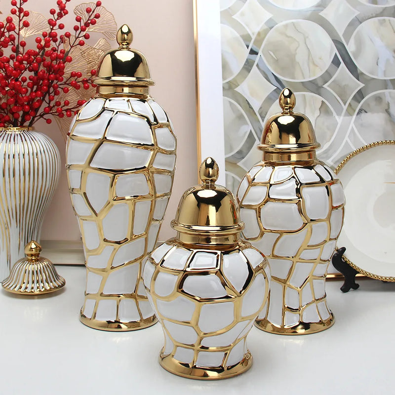 Afralia™ Gold Plaid Ceramic General Jar - Vintage Decorative Ornaments