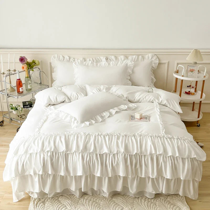 Afralia™ Lace Ruffle Princess Bedding Set with Bed Skirt & Pillowcases