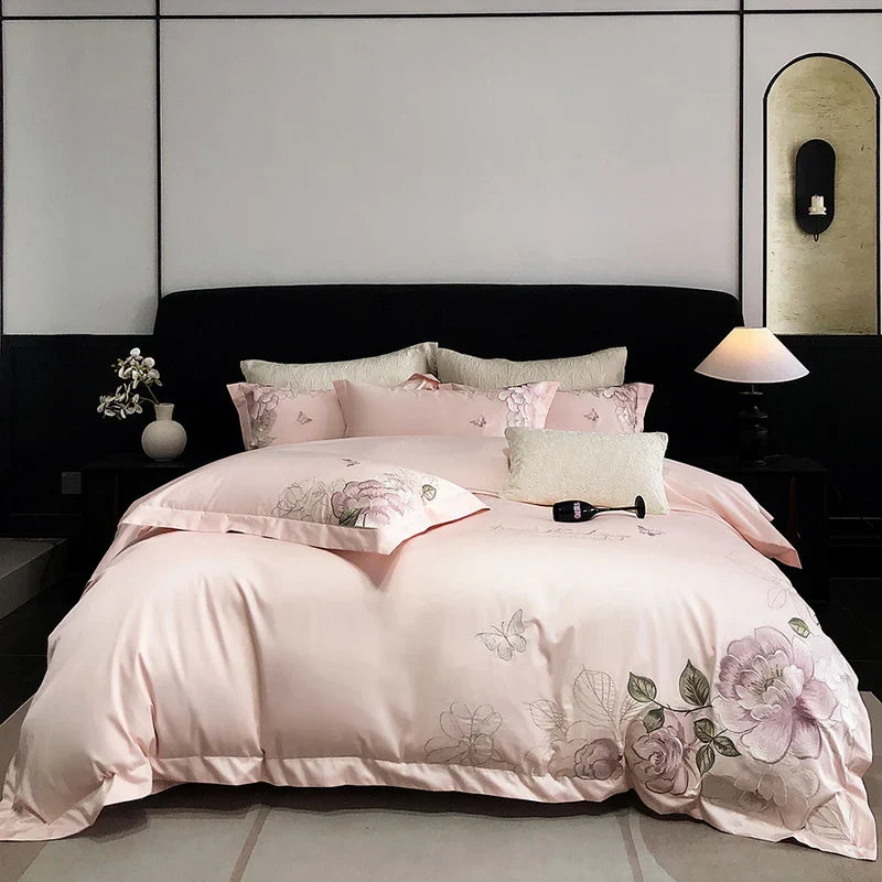 Afralia™ Butterfly Flowers Embroidery 600TC Egyptian Cotton Bedding Set: Duvet Cover, Bed Sheet, Pillowcases