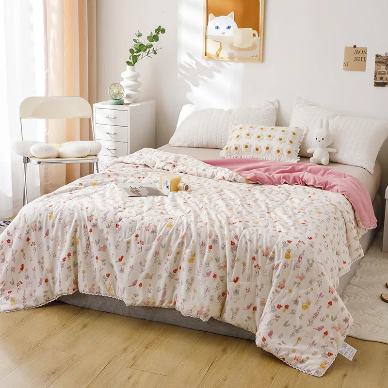 Afralia™ Cartoon Print Quilted Double Blanket for Queen Size Bed