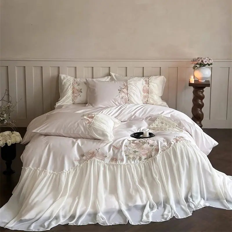 Afralia™ Luxe Lace Ruffles Wedding Bedding Set Flowers Embroidery Duvet Sheet Pillowcase
