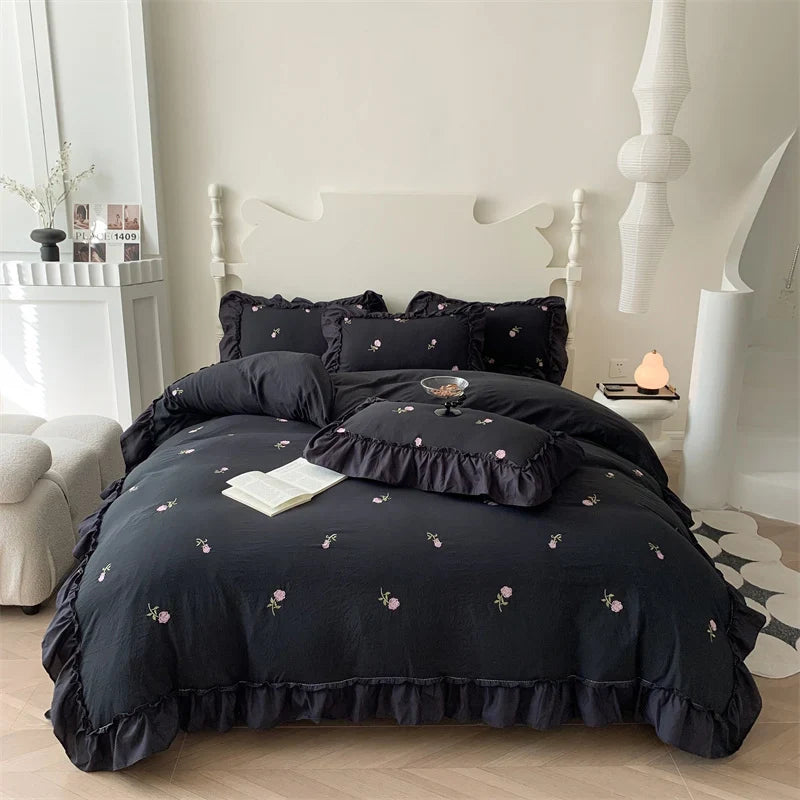 Afralia™ Rose Flowers Ruffle Lace Bedding Set, Washed Cotton Duvet Cover, Skin Friendly