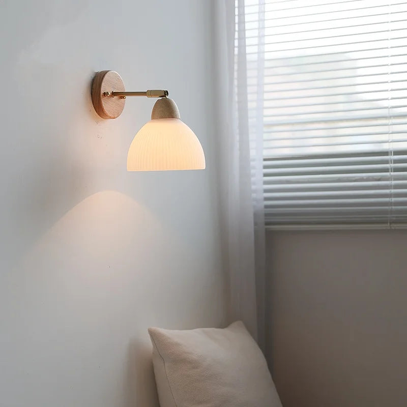 Afralia™ Copper Rotate White Glass Wood Wall Lights LED Bedroom Bedside Lamp