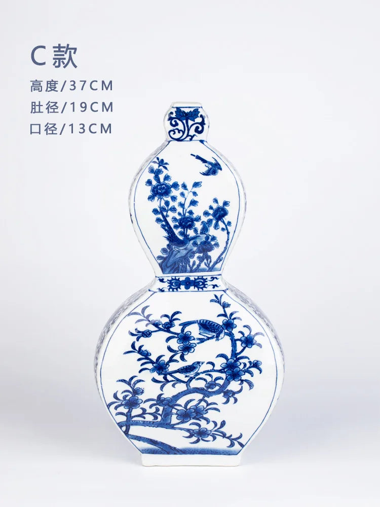 Afralia™ Blue White Porcelain Flower Bird Two Ear Vase Antique Ornaments Jingdezhen