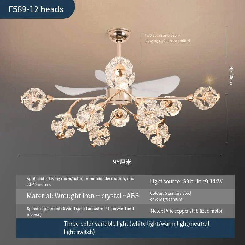 Afralia™ Crystal Chandelier Ceiling Fan with LED Light and Retractable Blades