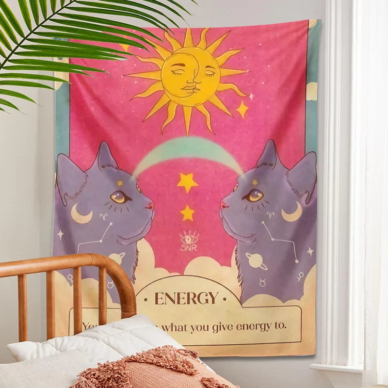 Afralia™ Tarot Constellation Cat Energy Wall Art Tapestry - Sun Moon Decor