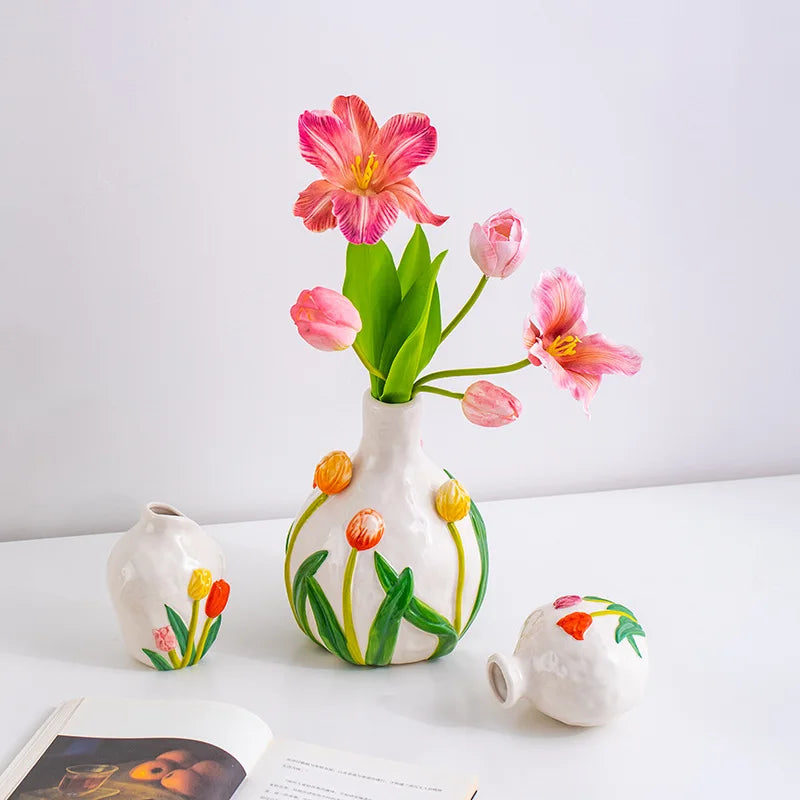 Afralia™ Tulip Embossed Ceramic Vase - Colorful Floral Pattern - Home Décor Vase