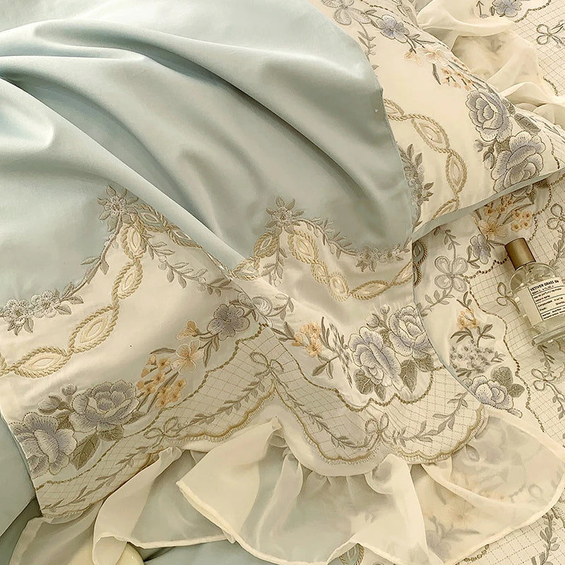 Afralia™ Romantic French Princess Bedding Set with Rose Embroidery & Ruffles