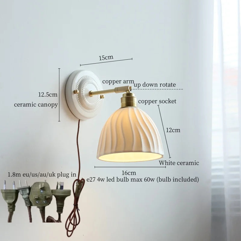 Afralia™ Ceramic Wall Sconce with Copper Arm | Pull Chain Switch LED Bedroom Lamp
