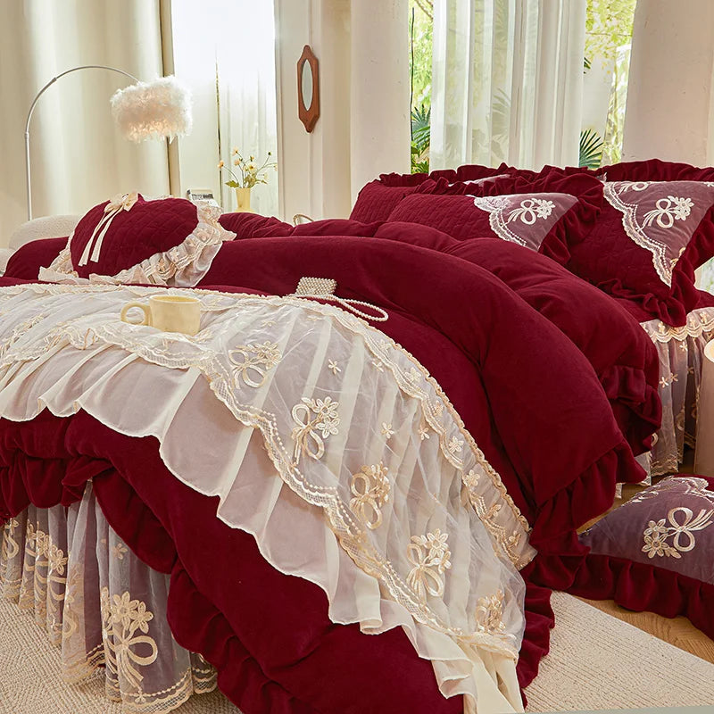 Afralia™ Princess Burgundy Red Velvet Bedding Set - Duvet Cover, Bed Skirt, Bedspread, Pillowcases