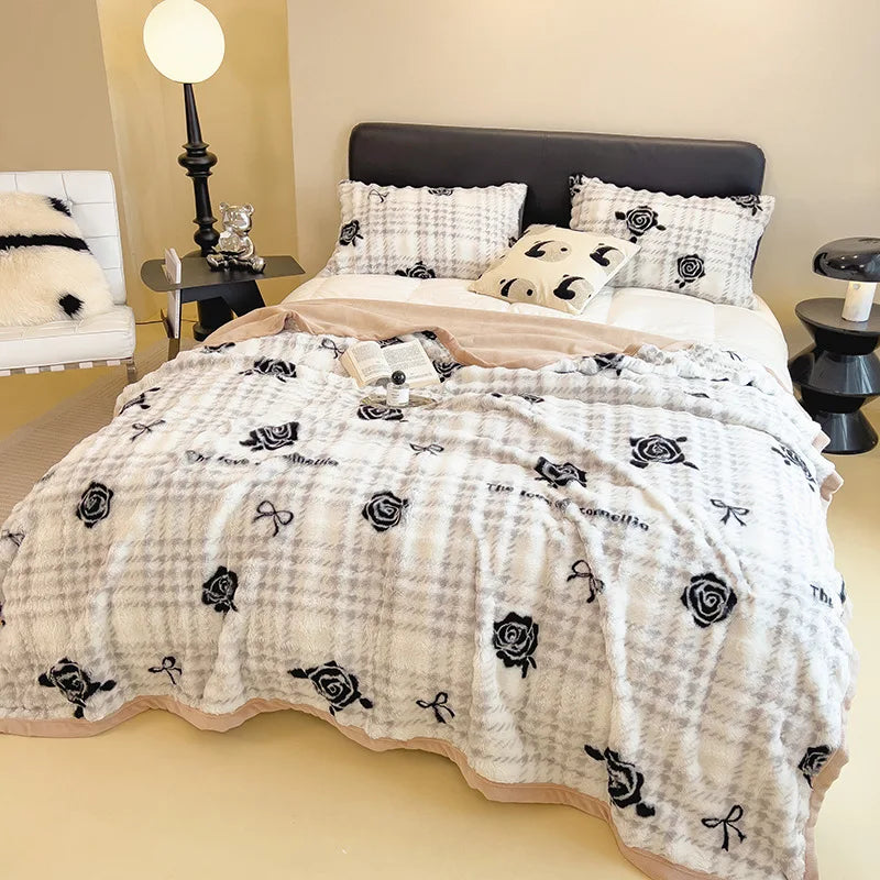 Afralia™ Cartoon Printed Faux Rabbit Plush Thick Blanket for Office Nap and Sofa Warmth