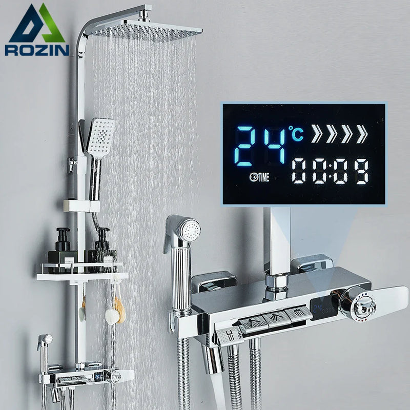 Afralia™ Digital Display Shower System with Thermostatic Control and Tub Spout