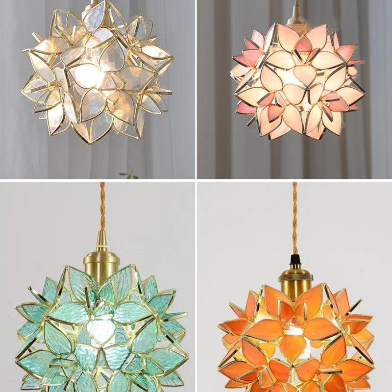 Afralia™ Flower Glass Pendant Lamp E27 Copper Hanging Light - Adjustable 200cm Wire