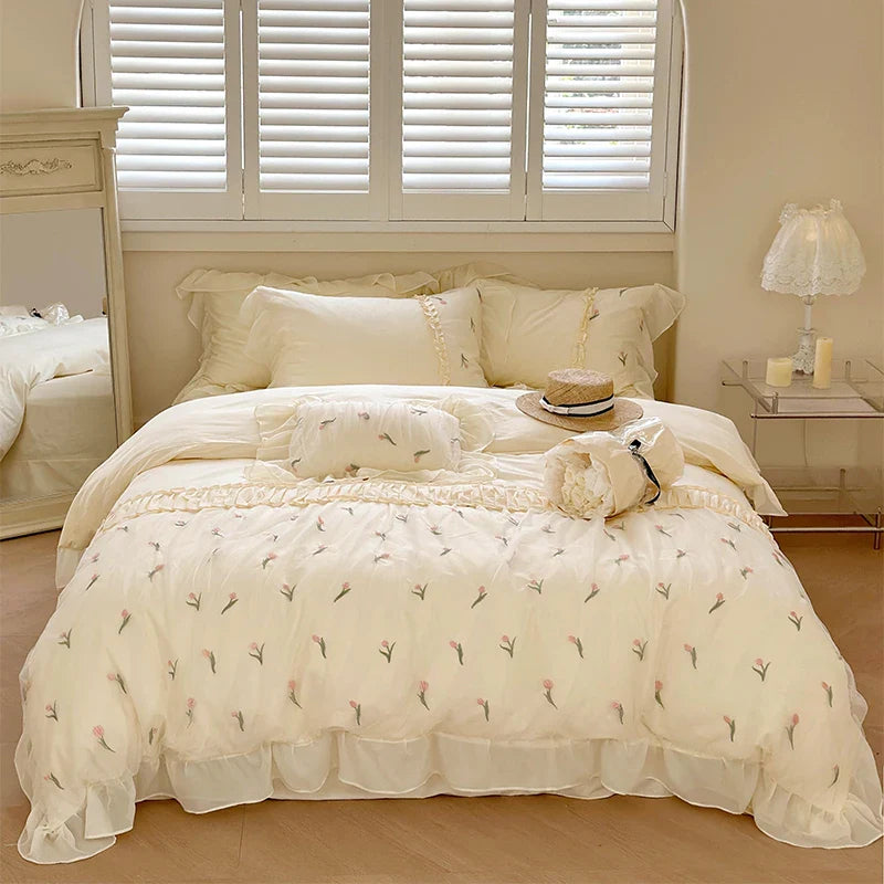 Afralia™ French Princess Floral Lace Ruffles Bedding Set with Imitation Pearls
