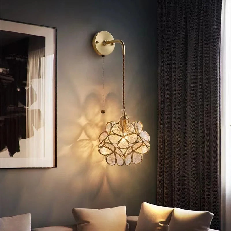 Afralia™ Copper Glass LED Wall Sconce Pull Chain Switch - Modern Stair Light Fixtures