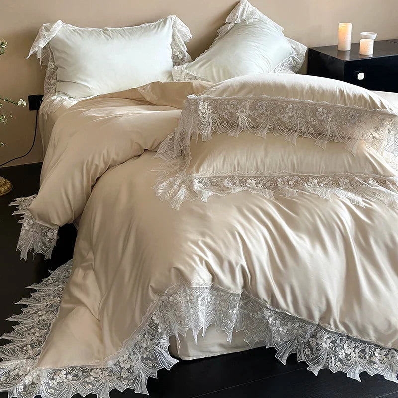 Afralia™ Romantic Lace Ruffles Bedding Set in Lyocell Cotton, Silky Duvet Cover, Bed Sheet, Pillowcases