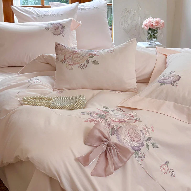 Afralia™ Flowers Embroidery Bow Wedding Bedding Set - Single Queen King Size Cotton Duvet Cover Bed Sheet Pillowcases