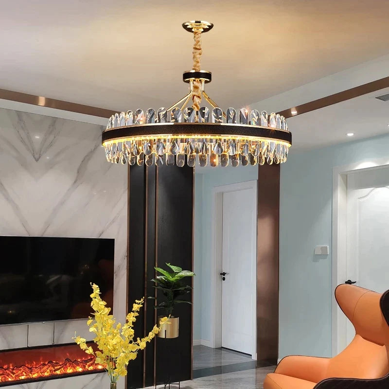 Afralia™ Black Gold Round LED Crystal Chandelier for Living Room - Modern Suspension Luminaire