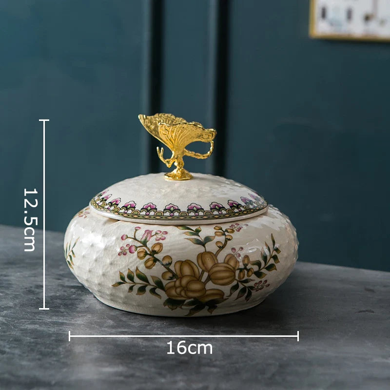 Afralia™ Dragonfly Lid Ceramic Jewelry Box - Round Floral Pattern Storage Jar