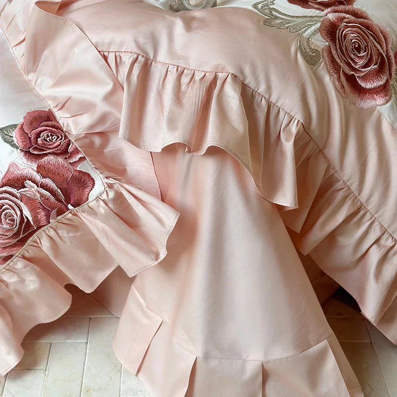 Afralia™ Butterfly Flowers Embroidery Ruffles Wedding Bedding Set: 1400TC 100% Egyptian Cotton