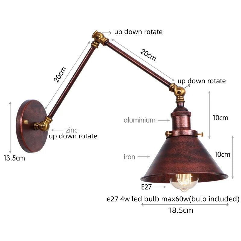 Afralia™ Gold Long Arm LED Wall Sconce with Pull Chain Switch, Adjustable Industrial Bedside Lamp