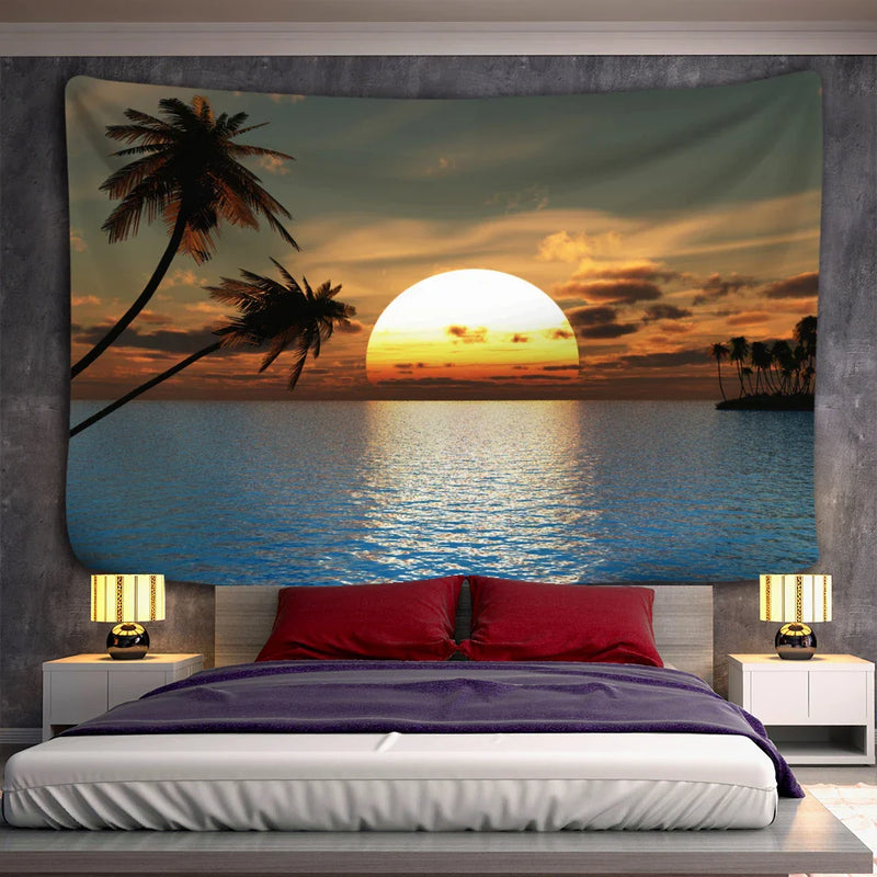 Afralia™ Sunset Seaside Landscape Tapestry Wall Hanging for Bohemian Hippie Decor