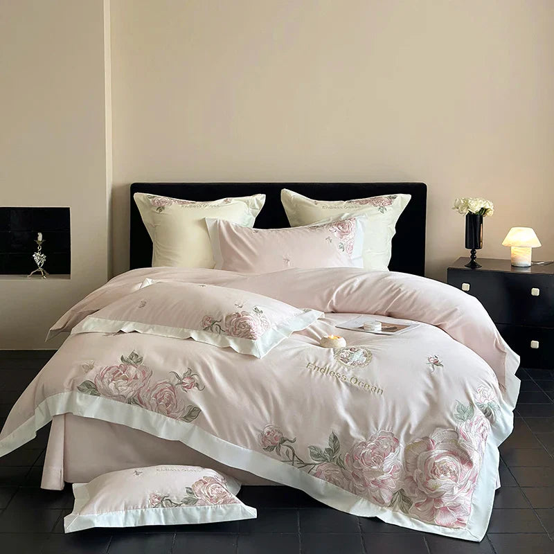 Afralia™ 4-Piece Pink Purple Flowers Embroidery Bedding Set in 1000TC Egyptian Cotton