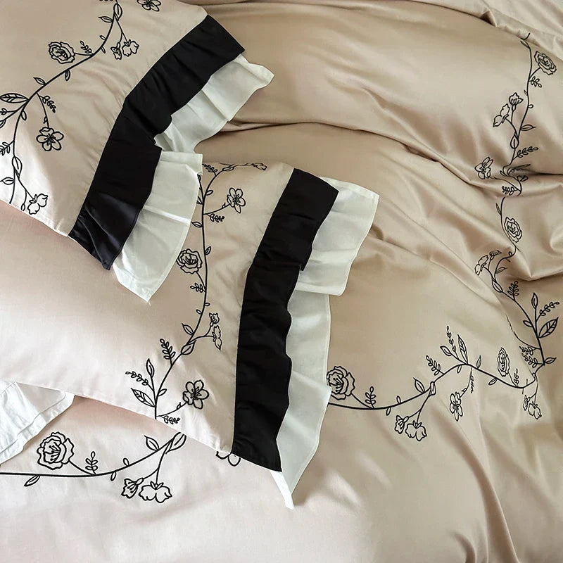 Afralia™ Vintage French Rose Flower Embroidery Ruffles Bedding Set