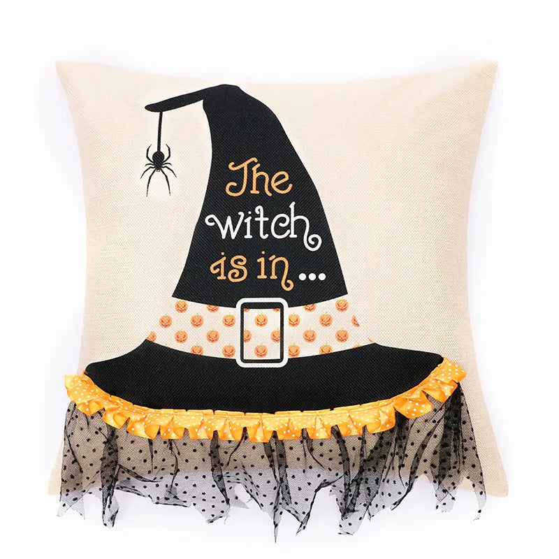 Afralia™ Halloween Wizard Hat Spider Embroidered Throw Pillow Cover