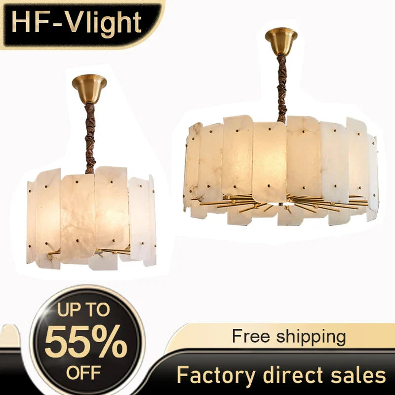 Afralia™ LED Chandelier Classic Lighting Marble Gold Stone Lampshade Home Decor