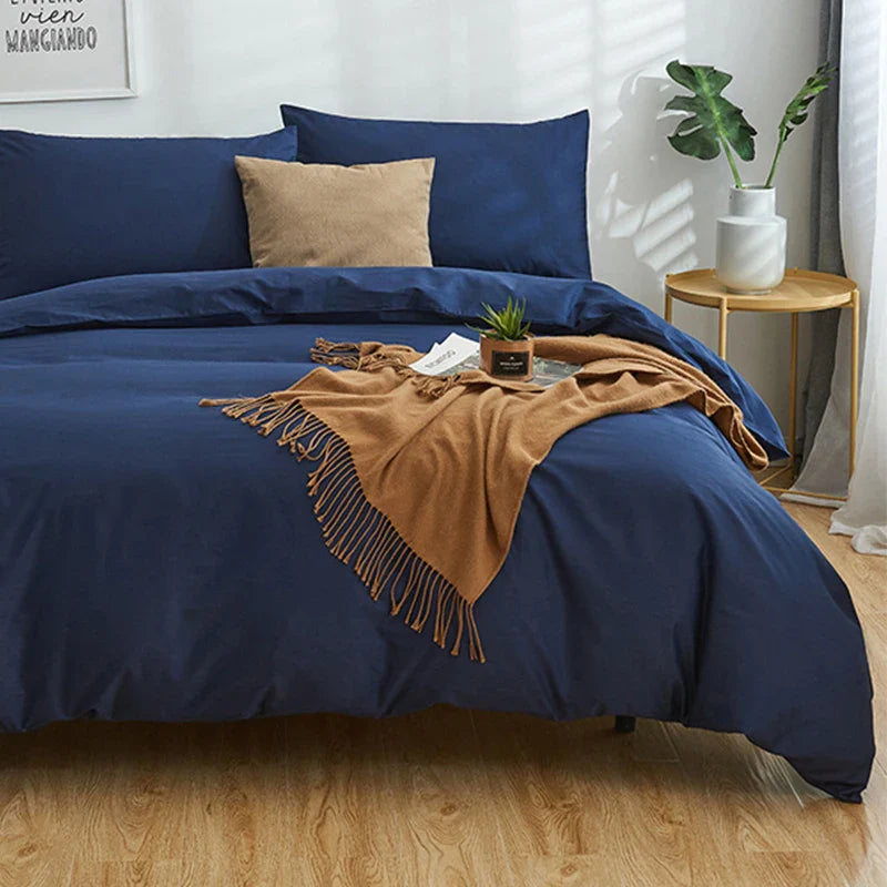 Afralia™ Cotton 4pcs Bedding Set Double Queen Solid Color Duvet Cover Flat Bed Sheet