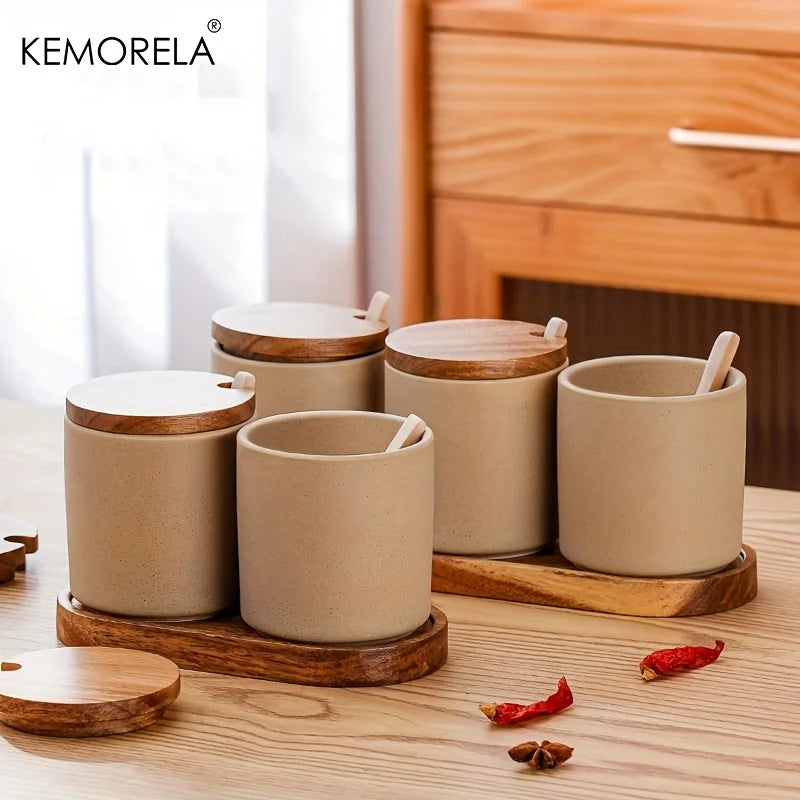 Afralia™ Vintage Ceramic Seasoning Jar Set - Household Kitchen Sugar, Salt, and Spices with Spoon Lid