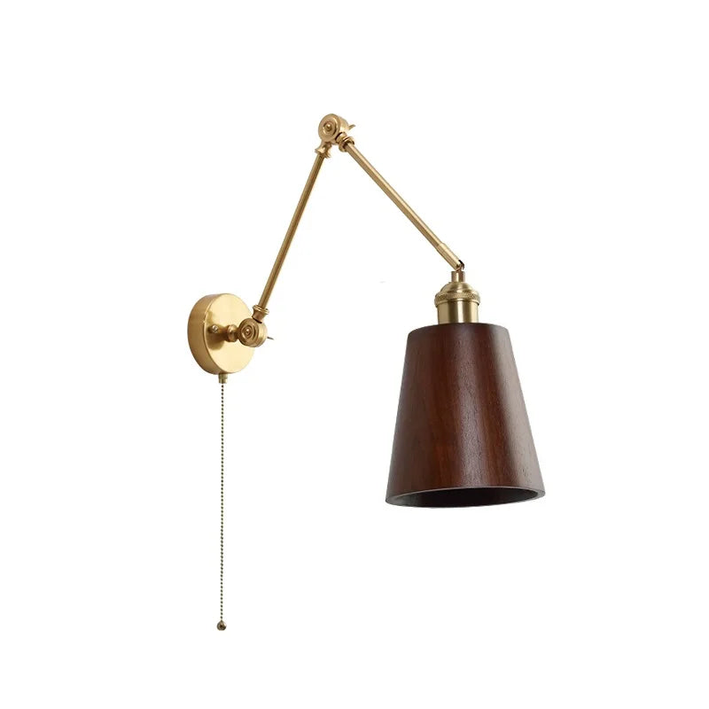 Afralia™ Copper Swing Arm LED Wall Sconce with Pull Chain Switch, Modern Nordic Wooden Lamp