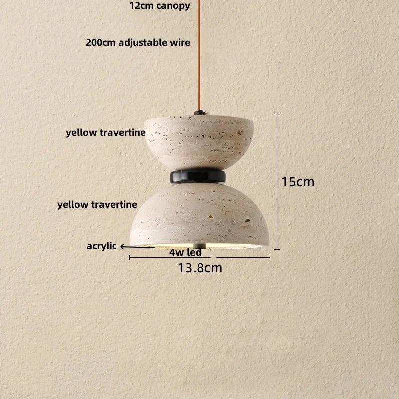 Afralia™ Wood Walnut LED Pendant Light Yellow Trivertine Stone Hanging Lamp