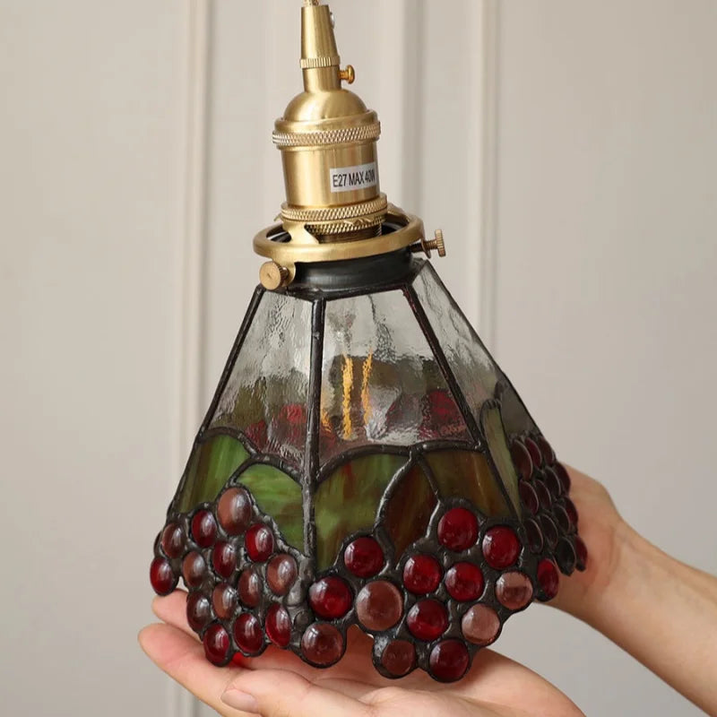 Afralia™ Walnut Wood LED Pendant Light Fixture Wine Red Glass Vintage Brass Hang Lamp