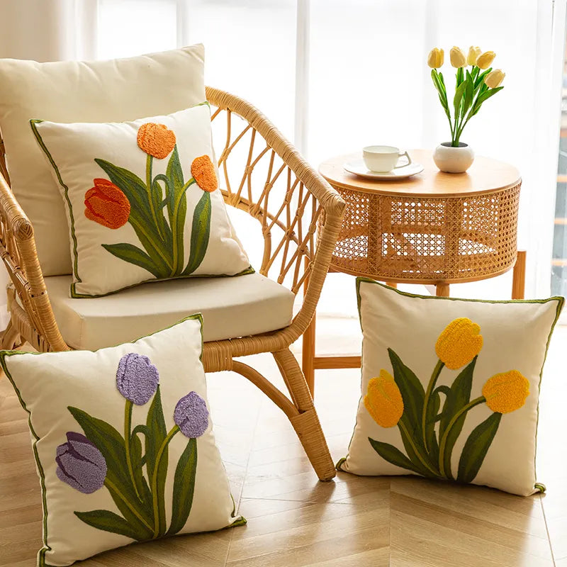 Afralia™ Embroidered Tulip Spring Throw Pillow Covers Set of 4 - 18x18 inches