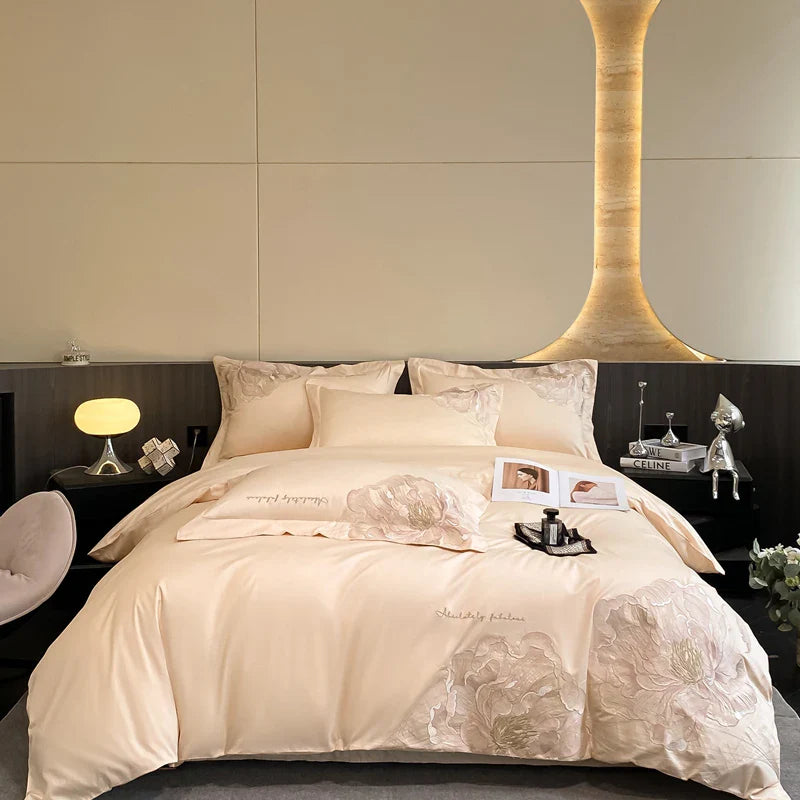 Luxury Flowers Embroidery Bedding Set by Afralia™: Duvet, Sheet, Pillowcases 4Pcs